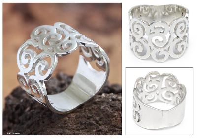 Sterling silver band ring, 'Pacific Peru' - Modern Fine Silver Band Ring