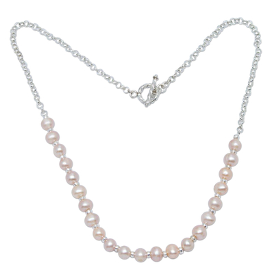 Cultured pearl beaded necklace, 'Dazzling Peru' - Cultured Peach Pearl and Sterling Silver Chain Necklace