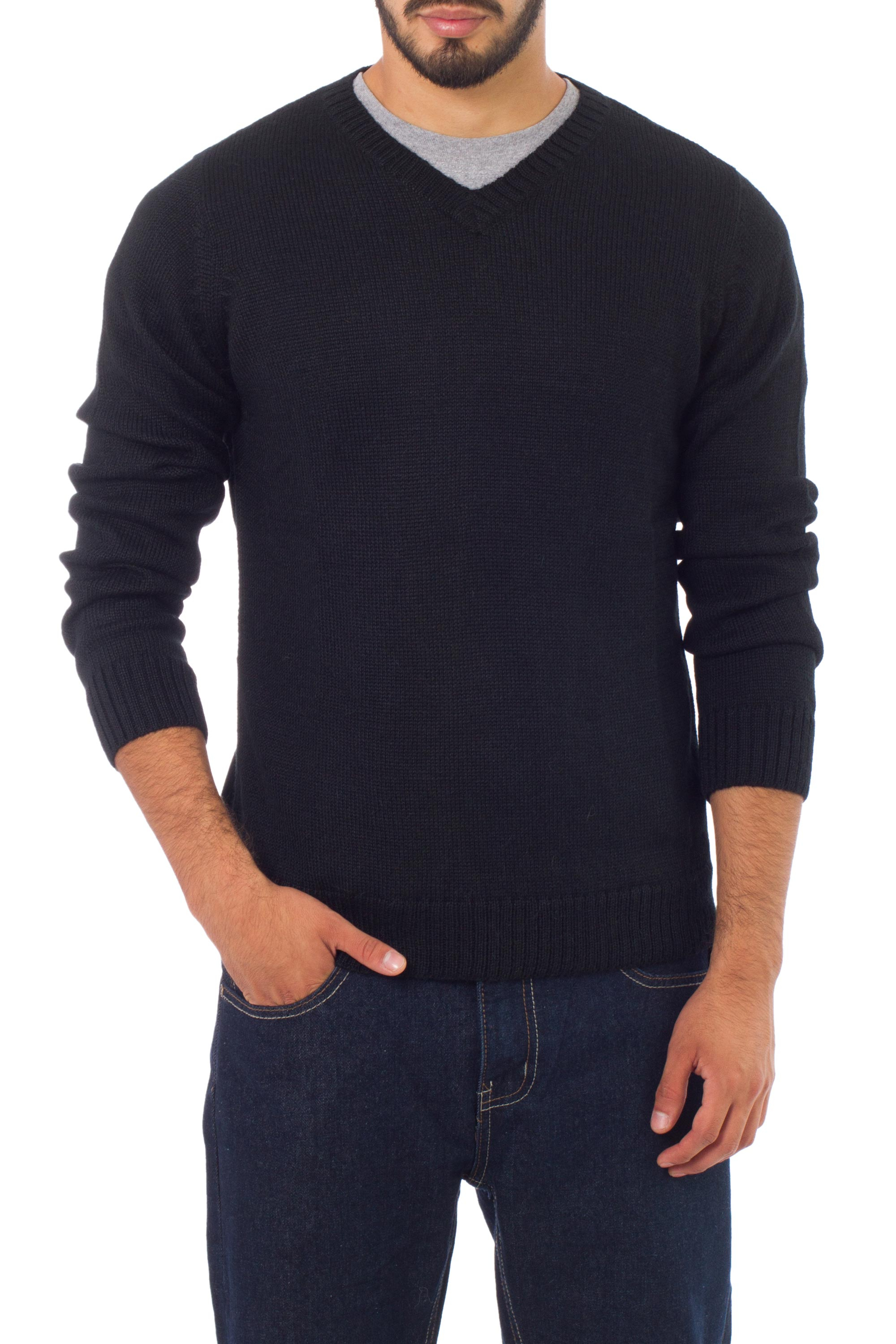 Men's Peruvian Alpaca Wool Blend Classic Pullover Sweater - Ebony | NOVICA