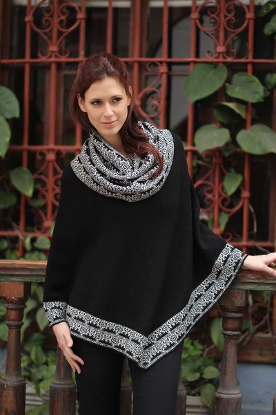 100% alpaca poncho, 'Huarascaran Night' - Fair Trade Women's Alpaca Wool Knit Poncho