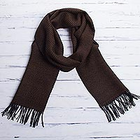 Men's 100% alpaca scarf, 'Mantaru Night' - Men's Dark Brown and Black 100% Alpaca Scarf from Peru
