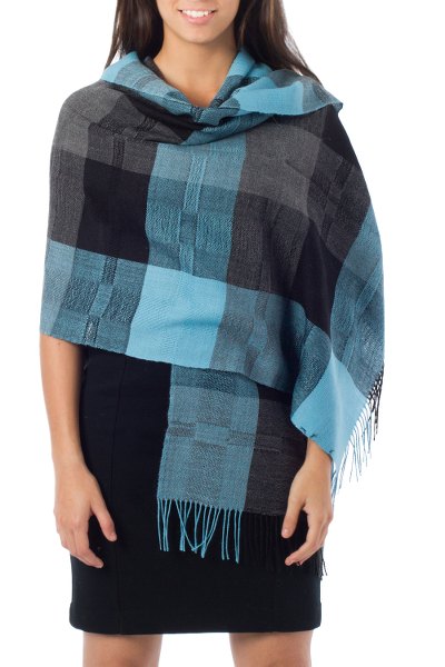 100% alpaca shawl, 'Andean Turquoise' - Alpaca Wool Patterned Multicolor and Blue Shawl