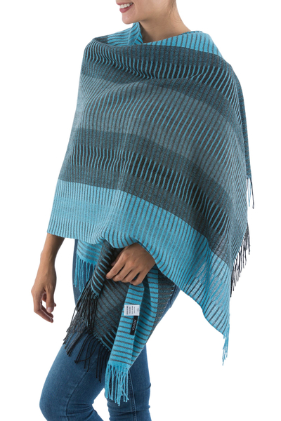 100% alpaca shawl, 'Turquoise Whisper' - Peruvian Alpaca Wool Patterned Shawl