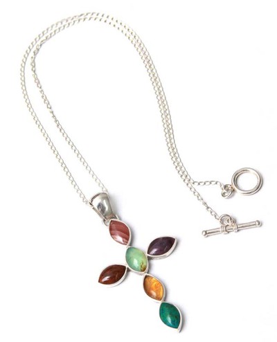 Amethyst and rose quartz cross necklace, 'Colors of Faith' - Handcrafted Multigem Pendant Cross Necklace