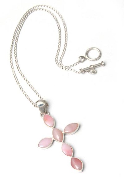 Rose quartz cross necklace, 'Faith in Love' - Rose quartz cross necklace