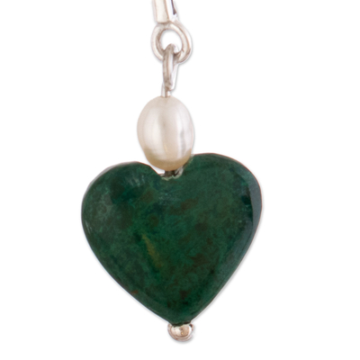 Chrysocolla and pearl heart earrings, 'Love's Wisdom' - Chrysocolla and pearl heart earrings