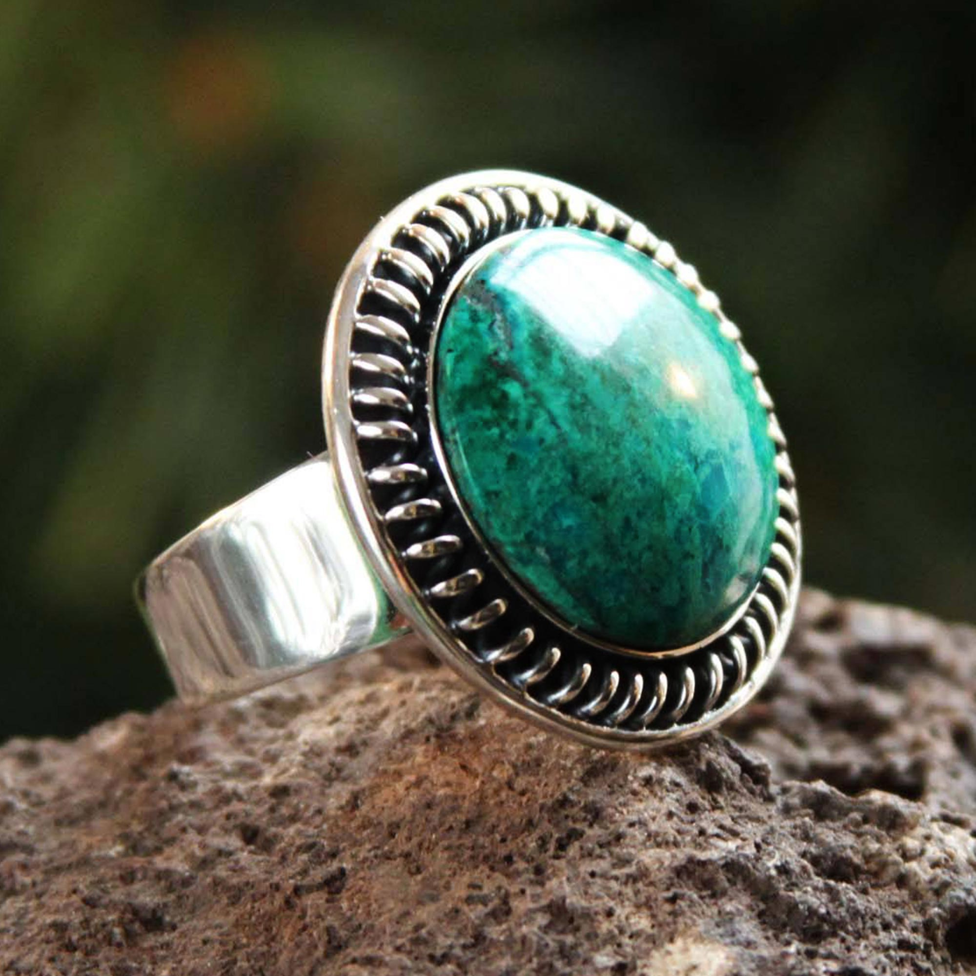 Cocktail silver ring all handmade design and Oval Chrysocolla  stone