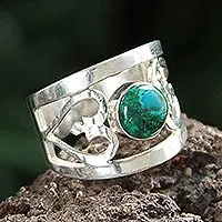 Chrysocolla cocktail ring, 'Inseparable Love' - Unique Heart Shaped Sterling Silver Band Chrysocolla Ring