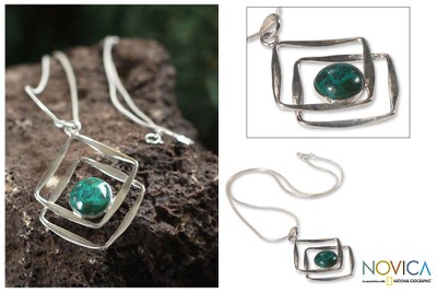 Chrysocolla pendant necklace, 'Modern Inca' - Handcrafted Sterling Silver Pendant Chrysocolla Necklace