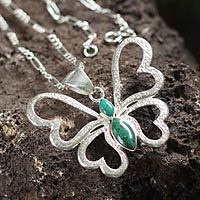 Chrysocolla heart necklace, 'Love Butterfly' - Heart Shaped Silver Chrysocolla Butterfly Pendant Necklace