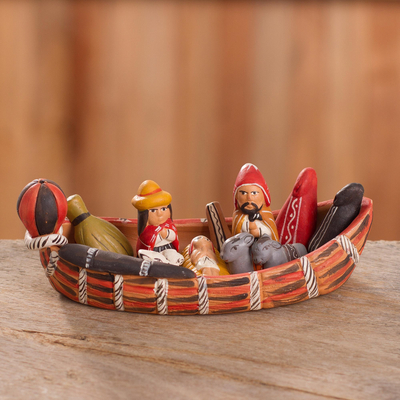 Ceramic nativity scene, 'Born in a Canoe' - Peruvian Nativity Scene Ceramic Sculpture