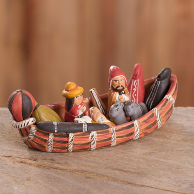 Ceramic nativity scene, 'Born in a Canoe' - Peruvian Nativity Scene Ceramic Sculpture