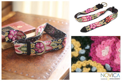 Wool belt, 'Festive Huanta' - Floral Wool Embroidered Natural Belt