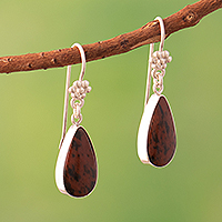 Mahogany obsidian dangle earrings, 'Inca Aesthetic' - Fair Trade Obsidian Dangle Earrings