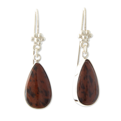 Mahogany obsidian dangle earrings, 'Inca Aesthetic' - Fair Trade Obsidian Dangle Earrings