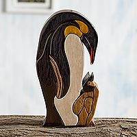 Wood sculpture, 'Mother Penguin' - Penguin Ishpingo Wood Sculpture Carving from Peru