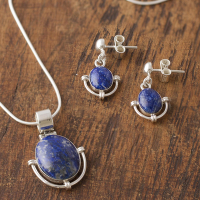 Lapis lazuli jewelry set, 'Mystique' - Handcrafted Lapis Lazuli Pendant and Earrings jewellery Set