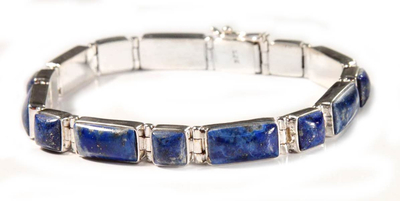 Lapis lazuli wristband bracelet, 'Sweetheart' - Fair Trade Sterling Silver Wristband Lapis Lazuli Bracelet
