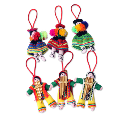 Cotton ornaments, 'Andean Dancers' (set of 6) - Set of 6 Handcrafted Folk Art Christmas Ornaments from Peru