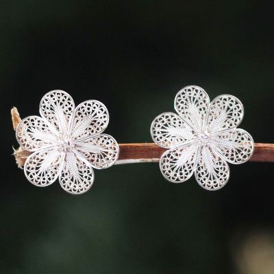 Silver floral earrings, 'Andean Daisies' - Artisan jewellery Floral Fine Silver Button Earrings from Pe