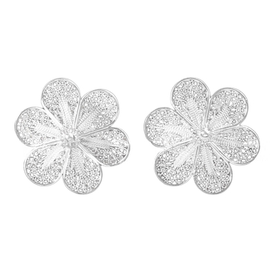 Silver floral earrings, 'Andean Daisies' - Artisan Jewelry Floral Fine Silver Button Earrings from Peru