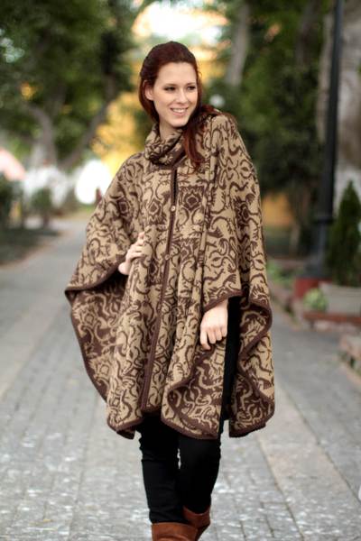 Alpaca blend ruana cloak, 'Nazca Flora' - Alpaca blend ruana cloak