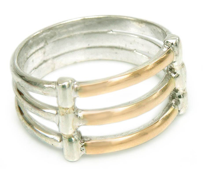 Gold accent band ring, 'Cuzco Warmth' - Hand Made 18K Gold Accent Sterling Silver Band Ring