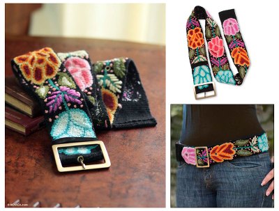 Wool belt, 'Exotic Huantla' - Peruvian Floral Wool Embroidered Natural Belt