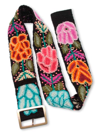 Wool belt, 'Exotic Huantla' - Peruvian Floral Wool Embroidered Natural Belt