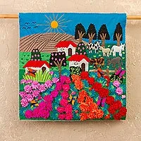 Applique wall hanging, 'Ancash Fields of Roses' - Handmade Floral Cotton Applique Wall Hanging