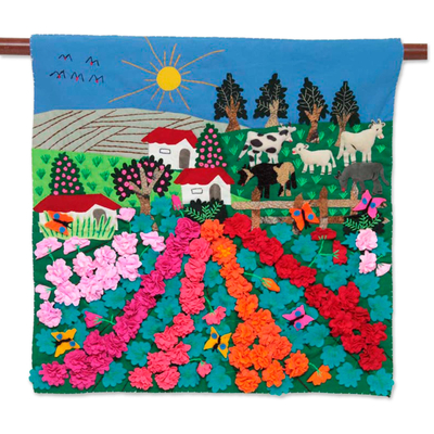 Wandbehang mit Applikation - Handgefertigter Wandbehang mit Blumenapplikationen aus Baumwolle
