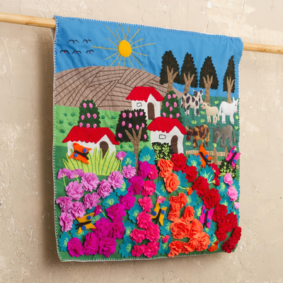 Applique wall hanging, 'Ancash Fields of Roses' - Handmade Floral Cotton Applique Wall Hanging