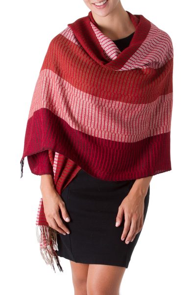 100% alpaca shawl, 'Huancayo Passion' - Handcrafted Alpaca Wool Striped Shawl
