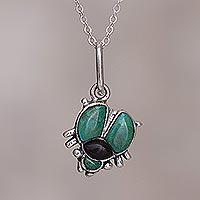 Chrysocolla and obsidian pendant necklace, 'Silver Scarab' - Chrysocolla and obsidian pendant necklace
