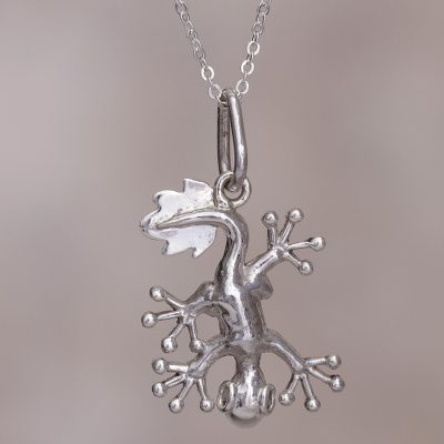 Silver pendant necklace, 'Gecko' - Handcrafted Sterling Silver Happy Lizard Pendant Necklace