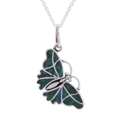 Chrysocolla pendant necklace, 'Cajamarca Butterfly' - Fair Trade Chrysocolla and Silver Butterfly Pendant Necklace
