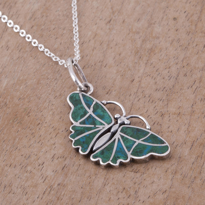 Fair Trade Chrysocolla and Silver Butterfly Pendant Necklace ...