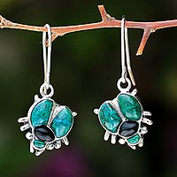 Chrysocolla and obsidian dangle earrings, Silver Scarab