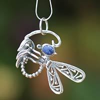 Sodalite pendant necklace, 'Andean Dragonfly' - Fine Silver and Sodalite Pendant Necklace from Peru