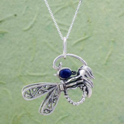 Sodalite pendant necklace, 'Andean Dragonfly' - Fine Silver and Sodalite Pendant Necklace from Peru