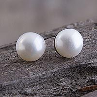 Cultured pearl stud earrings, 'White Light' - Handcrafted Fine Silver and Pearl Stud Earrings