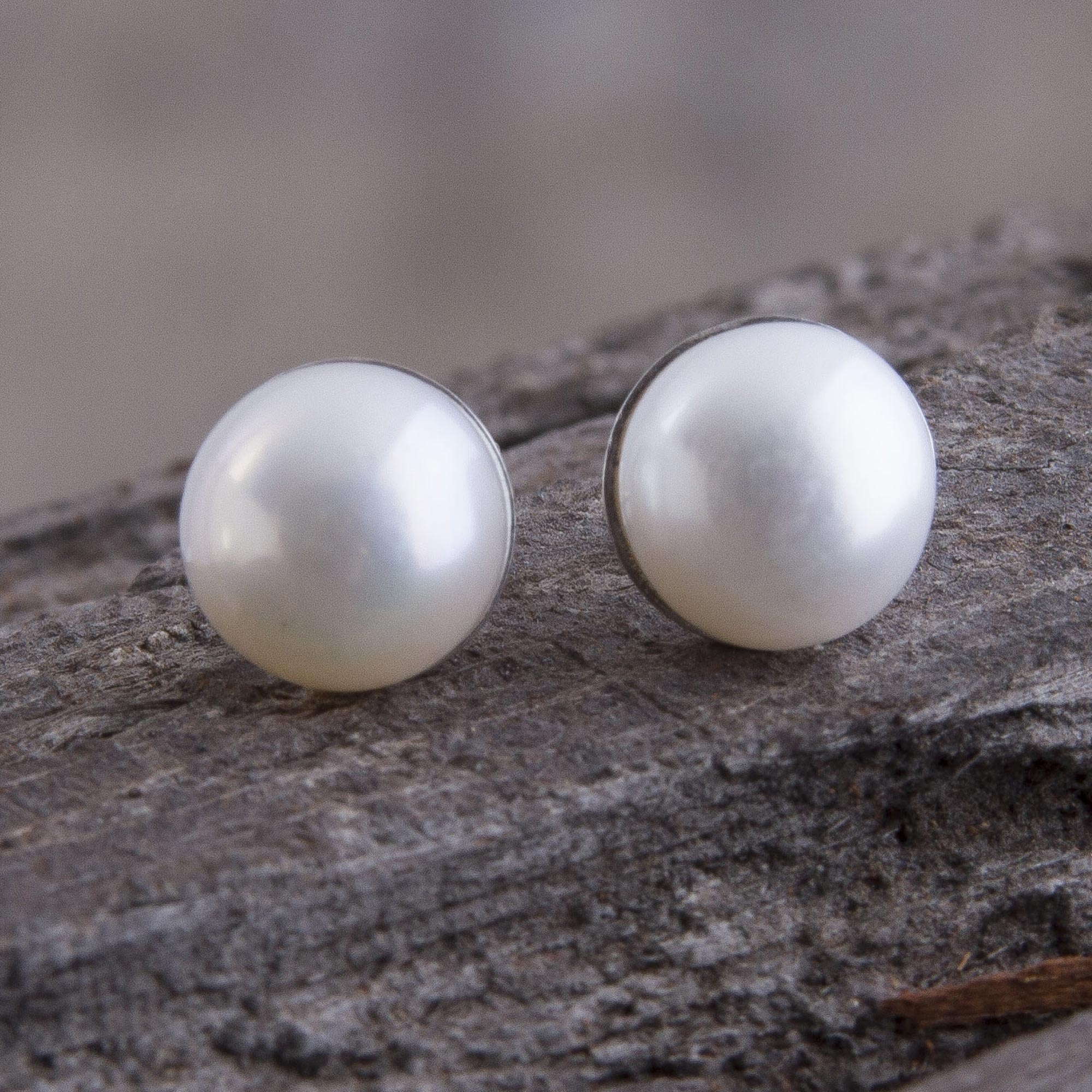 Fair Trade Silver and Cultured Pearl Stud Earrings - White Pearl 