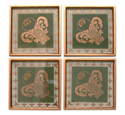 Painted glass coasters, 'Colonial Jade' (set of 4) - Coasters Reverse Painted Glass Set of 4 in Green