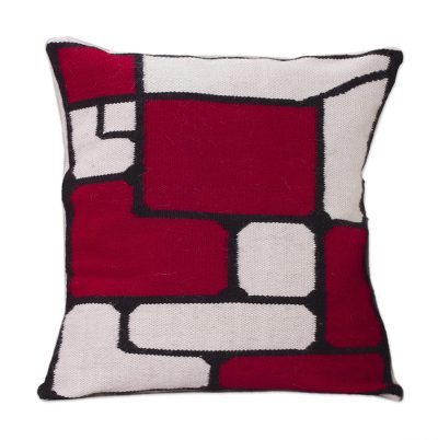 Alpaca cushion cover, 'Crimson Riddle' - Fair Trade Modern Alpaca Wool Cushion Cover