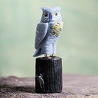 Celestite and serpentine sculpture, 'Blue Owl' - Celestite and Serpentine Gemstone Sculpture 