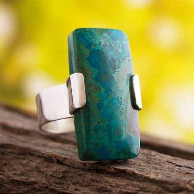 Chrysocolla cocktail ring, 'Hug' - Cocktail Ring Sodalite and Sterling Silver Jewelry