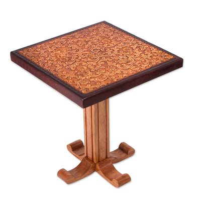 Cedar and leather accent table, 'Colonial Marigold' - Colonial Wood Leather Brown Side Table Furniture