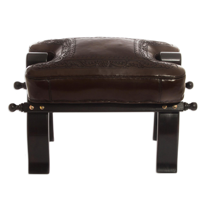 Mohena wood and leather stool, 'Colonial Wreath' - Unique Colonial Leather Wood Ottoman Stool