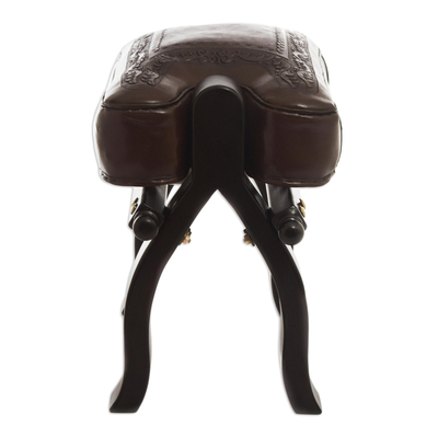 Mohena wood and leather stool, 'Colonial Wreath' - Unique Colonial Leather Wood Ottoman Stool