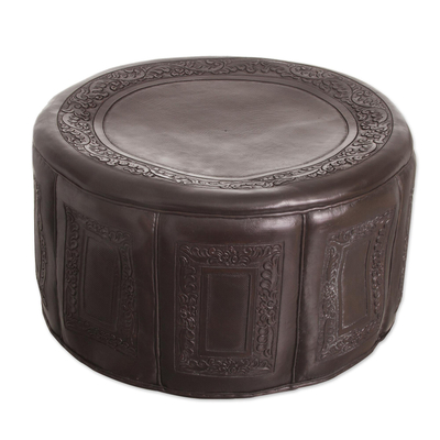 Leather ottoman cover, 'Colonial Legend' - Collectible Peruvian Colonial Leather Ottoman Cover